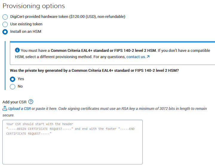 digicert Certificate Provisioning Options